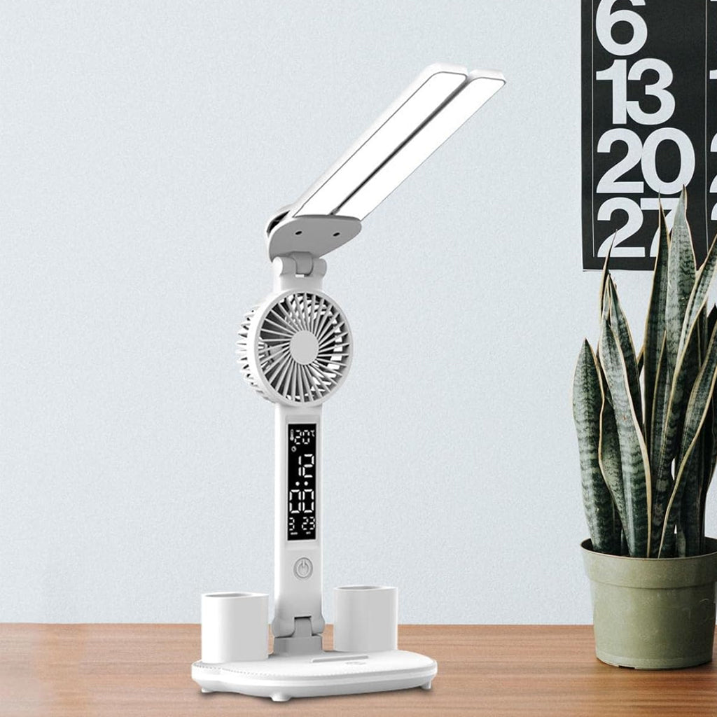 Lampe de bureau LED à double tête avec ventilateur et Horloge – مصباح مكتب مع منبه ومروحة مدمجة - تنزوت