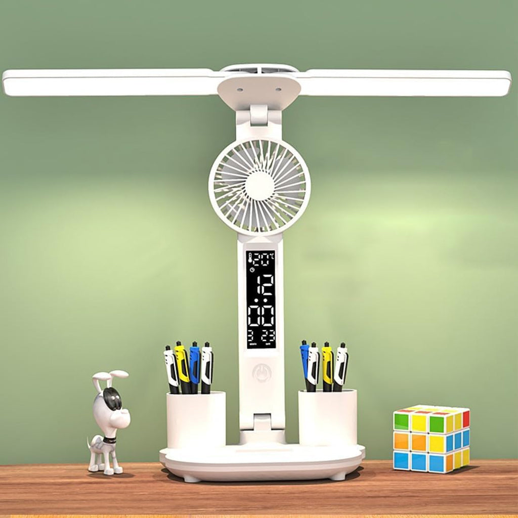 Lampe de bureau LED à double tête avec ventilateur et Horloge – مصباح مكتب مع منبه ومروحة مدمجة - تنزوت