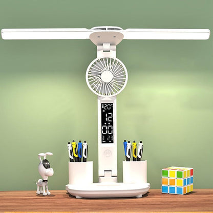 Lampe de bureau LED à double tête avec ventilateur et Horloge – مصباح مكتب مع منبه ومروحة مدمجة - تنزوت