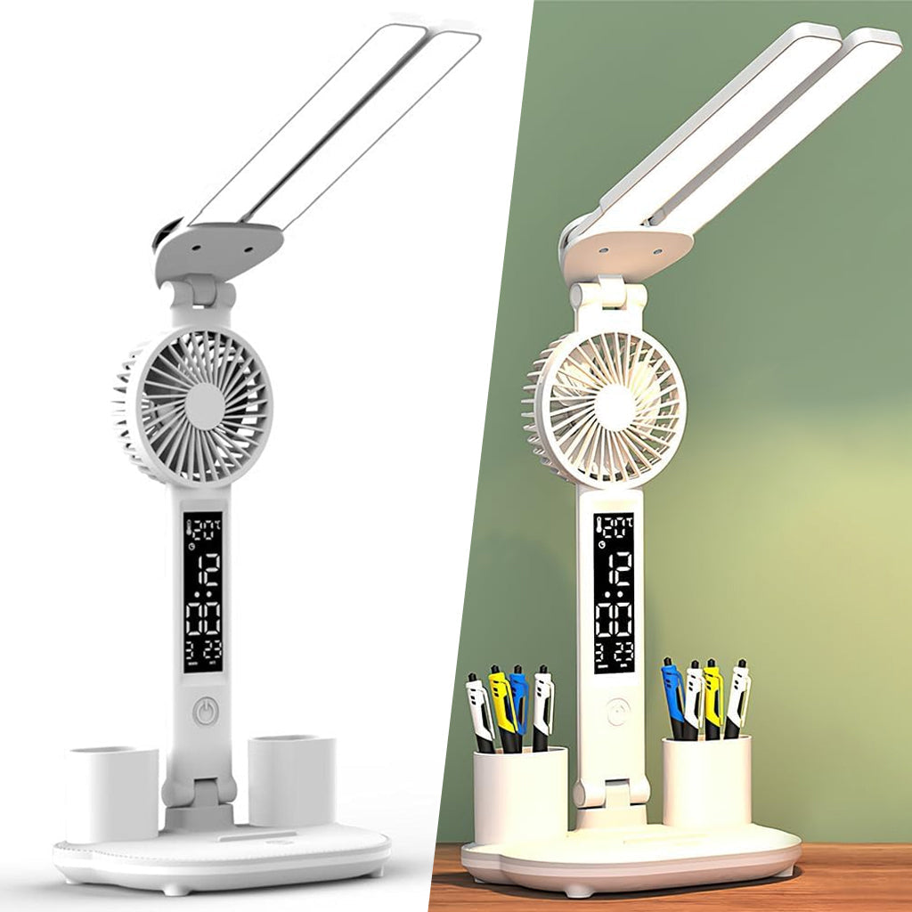 Lampe de bureau LED à double tête avec ventilateur et Horloge – مصباح مكتب مع منبه ومروحة مدمجة - تنزوت