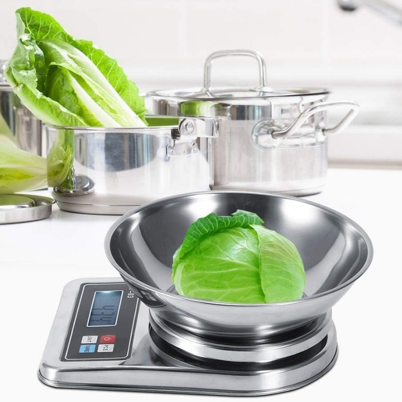 Balance de cuisine haute précision numérique avec bol en acier inoxydable, 5 kg / 1 g avec écran LCD تنزوت
