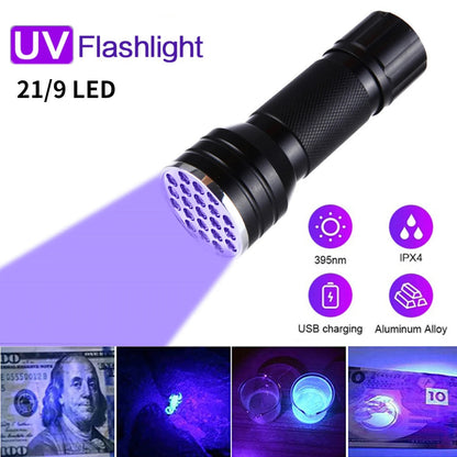lampe de poche UV 21LED en alliage d'aluminium détecteur des scorpions et faux billet - المصباح بالأشعة فوق البنفسجية كاشف للعقارب والعملات المزورة - تنزوت