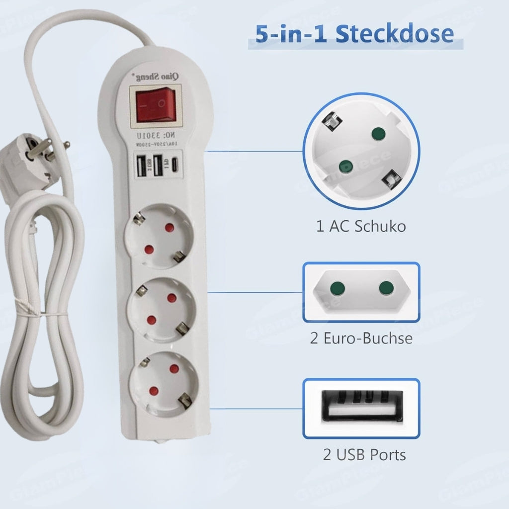 Multiprise 3 prises et Type C avec 2 USB 2 m Blanc 3301U - تنزوت
