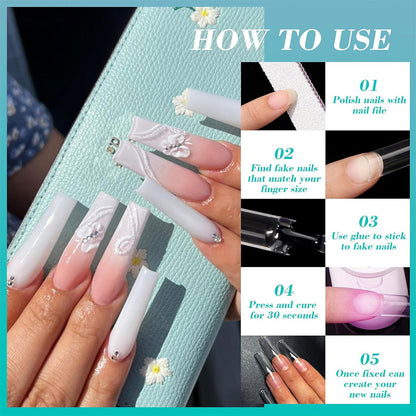 100PCS faux ongles carrés transparents professionnels en acrylique – طقم أظافر صناعية تنزوت