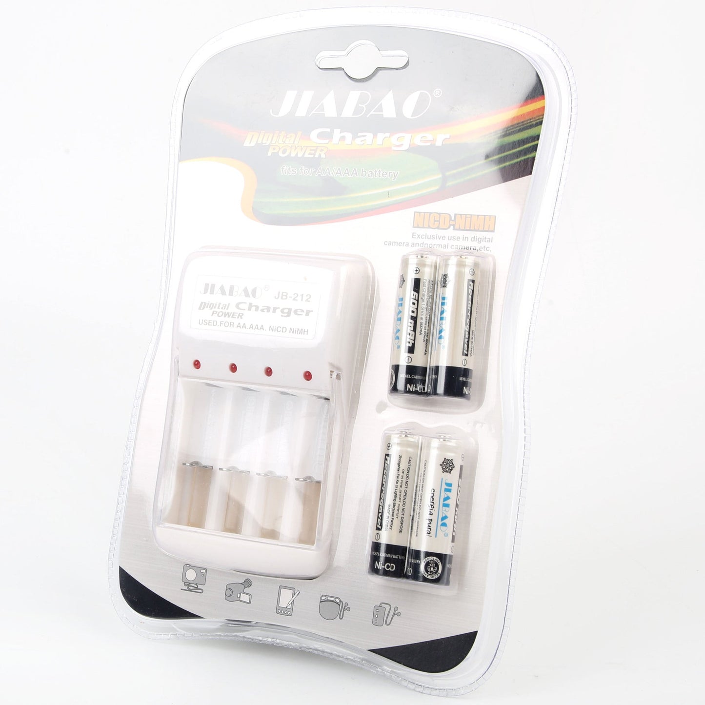 Chargeur des piles rechargable avec 4 piles Jiabao Jb-212 - شاحن البطاريات القابلة للشحن مع 4 بطاريات - تنزوت