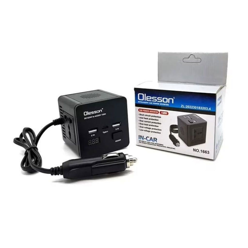 Convertisseur de tension en voiture avec surveillance de puissance 150 watts, 12 volts, 2 USB, 1 USB type C et 2 prises - تنزوت