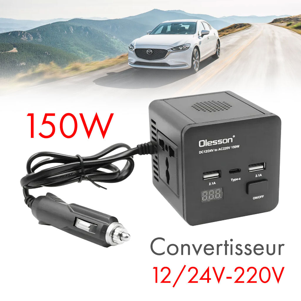Convertisseur de tension en voiture avec surveillance de puissance 150 watts, 12 volts, 2 USB, 1 USB type C et 2 prises - تنزوت