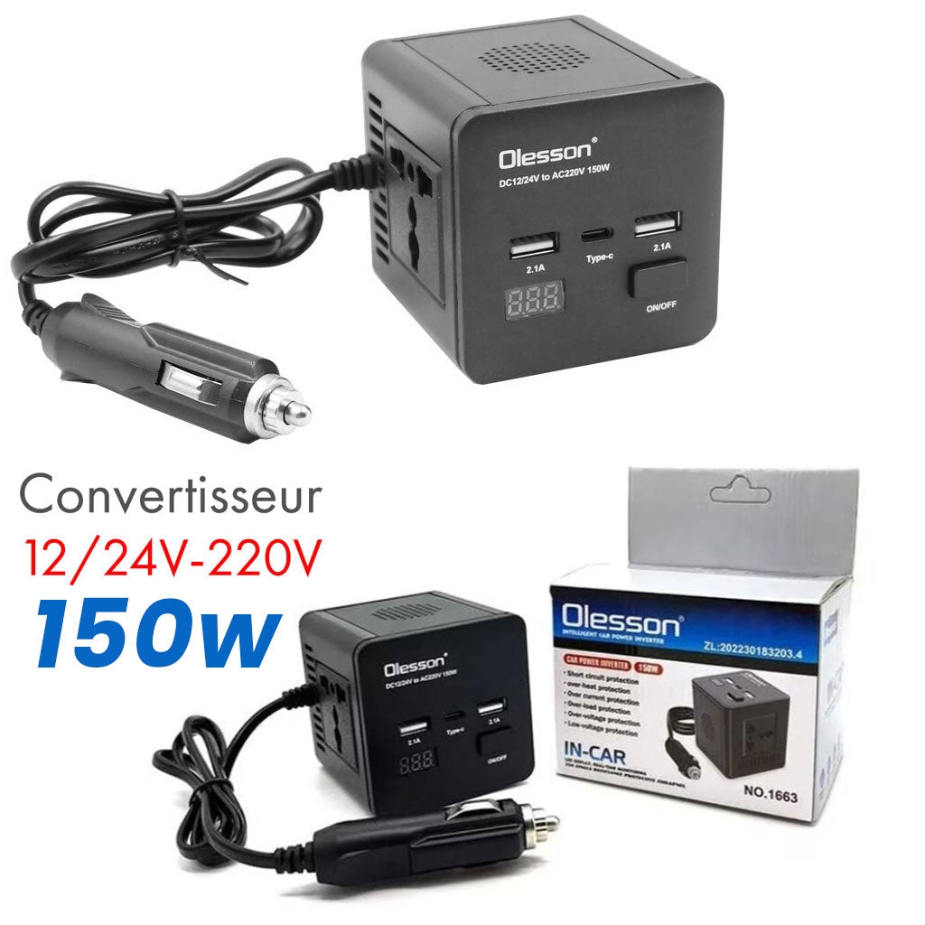 Convertisseur de tension en voiture avec surveillance de puissance 150 watts, 12 volts, 2 USB, 1 USB type C et 2 prises - تنزوت
