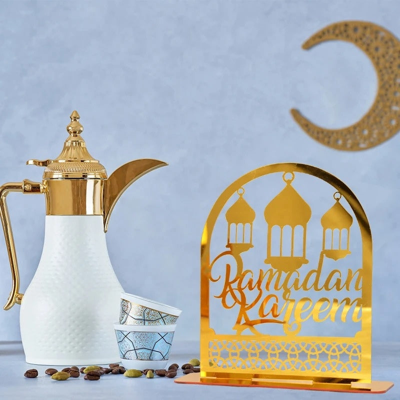 Ornements en acrylique Ramadan Kareem, lanterne étoile de lune dorée, décorations pour la maison زينة رمضان كريم أكريليك، فانوس نجمة القمر الذهبي تنزوت