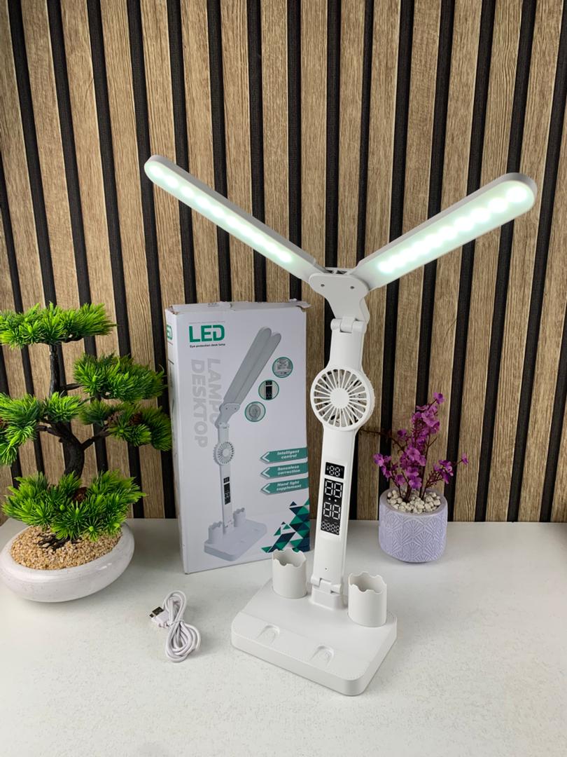 Lampe de bureau LED à double tête avec ventilateur et Horloge – مصباح مكتب مع منبه ومروحة مدمجة - تنزوت