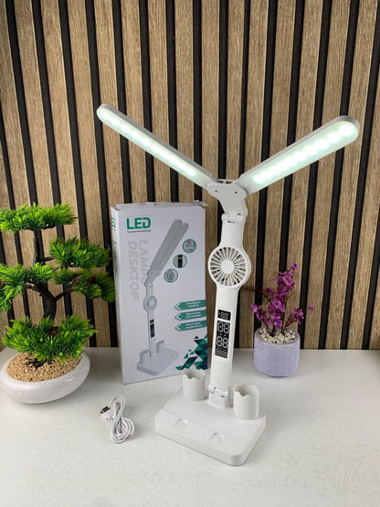 Lampe de bureau LED à double tête avec ventilateur et Horloge – مصباح مكتب مع منبه ومروحة مدمجة - تنزوت