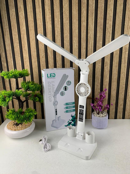 Lampe de bureau LED à double tête avec ventilateur et Horloge – مصباح مكتب مع منبه ومروحة مدمجة - تنزوت