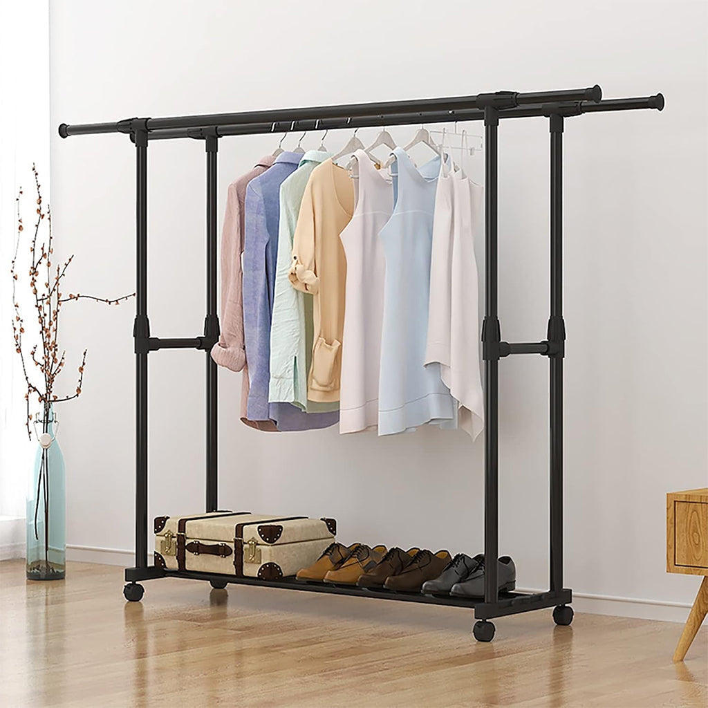 Penderie Mobile Double Barres Extensible Hauteur réglable avec 4 Roulettes V6 تنزوت