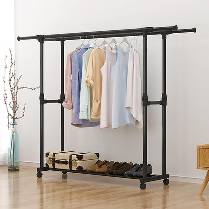 Penderie Mobile Double Barres Extensible Hauteur réglable avec 4 Roulettes V6 تنزوت