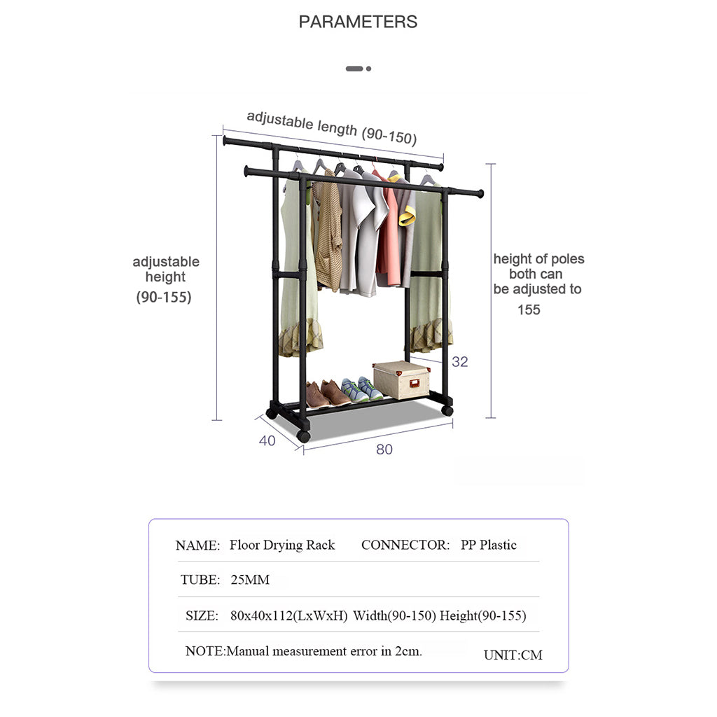 Penderie Mobile Double Barres Extensible Hauteur réglable avec 4 Roulettes V6 تنزوت