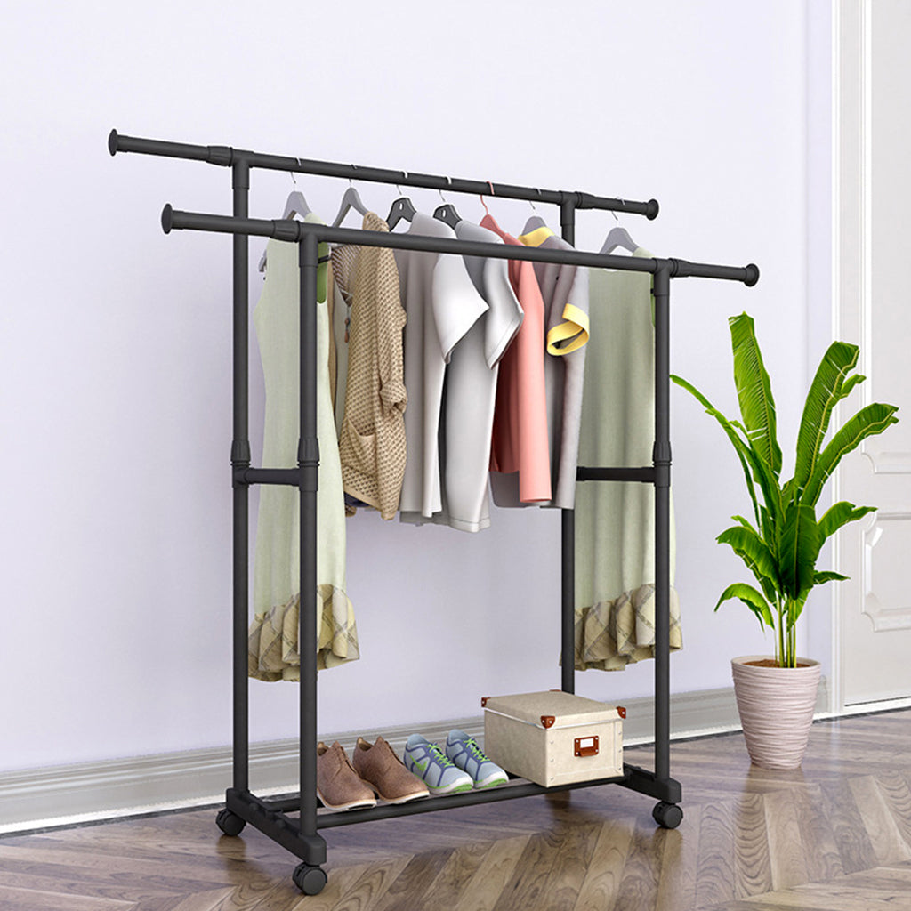 Penderie Mobile Double Barres Extensible Hauteur réglable avec 4 Roulettes V6 تنزوت