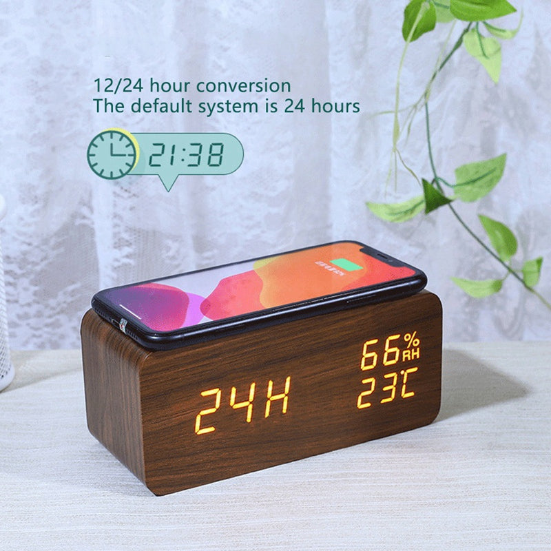 Réveil numérique de bureau en bois avec socle de charge sans fil Qi - تنزوت