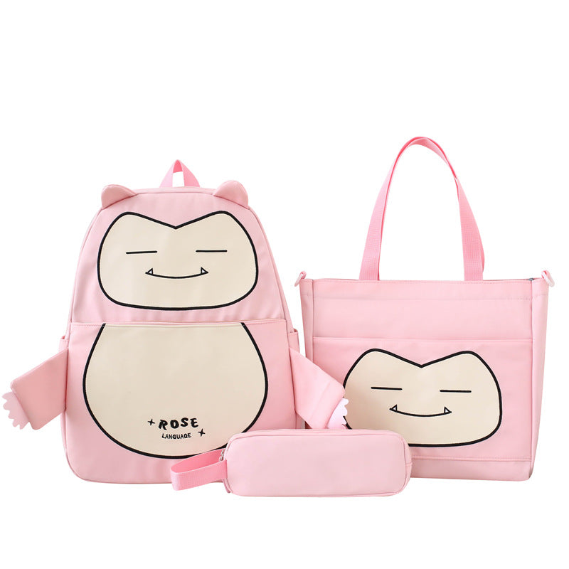 Ensemble de Sacs Snorlax 3Pcs Design Kawaii Rose- حقيبة مدرسية 3 قطع لون وردي تنزوت