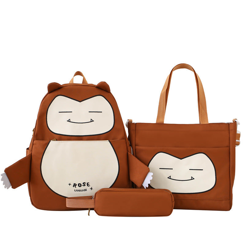 Ensemble de Sacs Snorlax 3Pcs Design Kawaii Marron – حقيبة مدرسية 3 قطع لون بني تنزوت