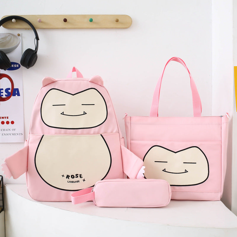Ensemble de Sacs Snorlax 3Pcs Design Kawaii Rose- حقيبة مدرسية 3 قطع لون وردي تنزوت