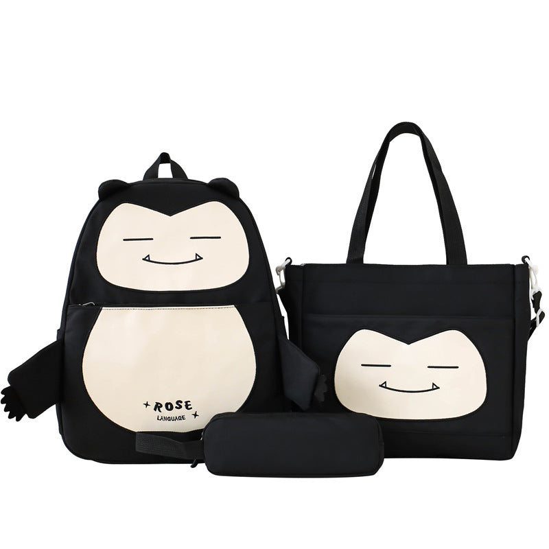 Ensemble de Sacs Snorlax 3Pcs Design Kawaii Noir – حقيبة مدرسية 3 قطع لون أسود تنزوت