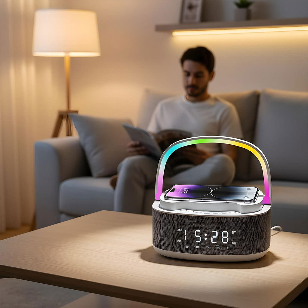Haut Parleur Bluetooth Portable S301 à LED RGB chargement sans fil 15W – مكبر صوت بلوتوث وشاحن لاسلكي 2في1 - تنزوت