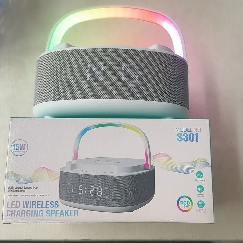 Haut Parleur Bluetooth Portable S301 à LED RGB chargement sans fil 15W – مكبر صوت بلوتوث وشاحن لاسلكي 2في1 - تنزوت
