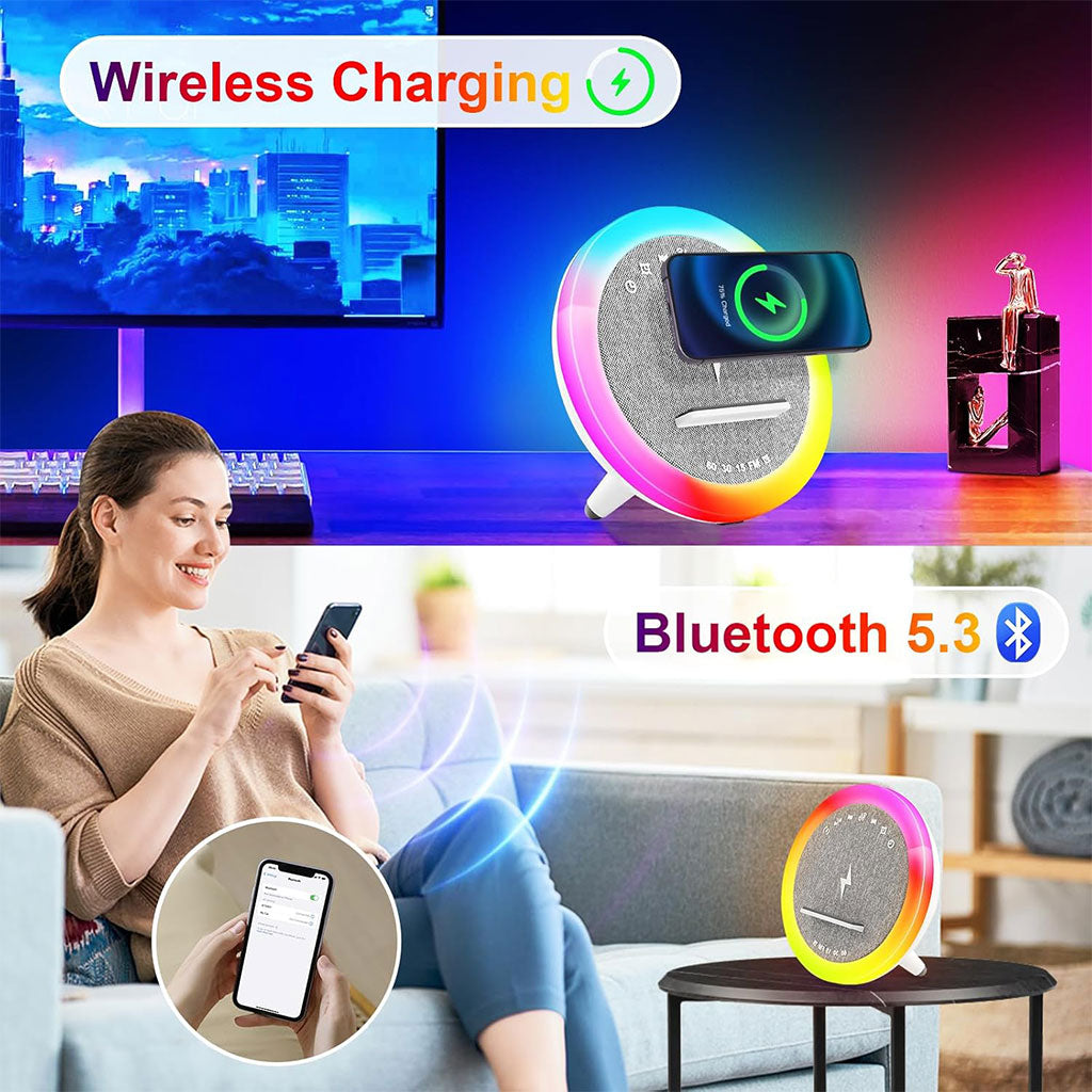 Haut-parleur et Lampe de Chevet avec Lumière d’ambiance RGB et Chargeur Induction 15W – مكبر صوت وشاحن لاسلكي مع إضاءة ملونة - تنزوت