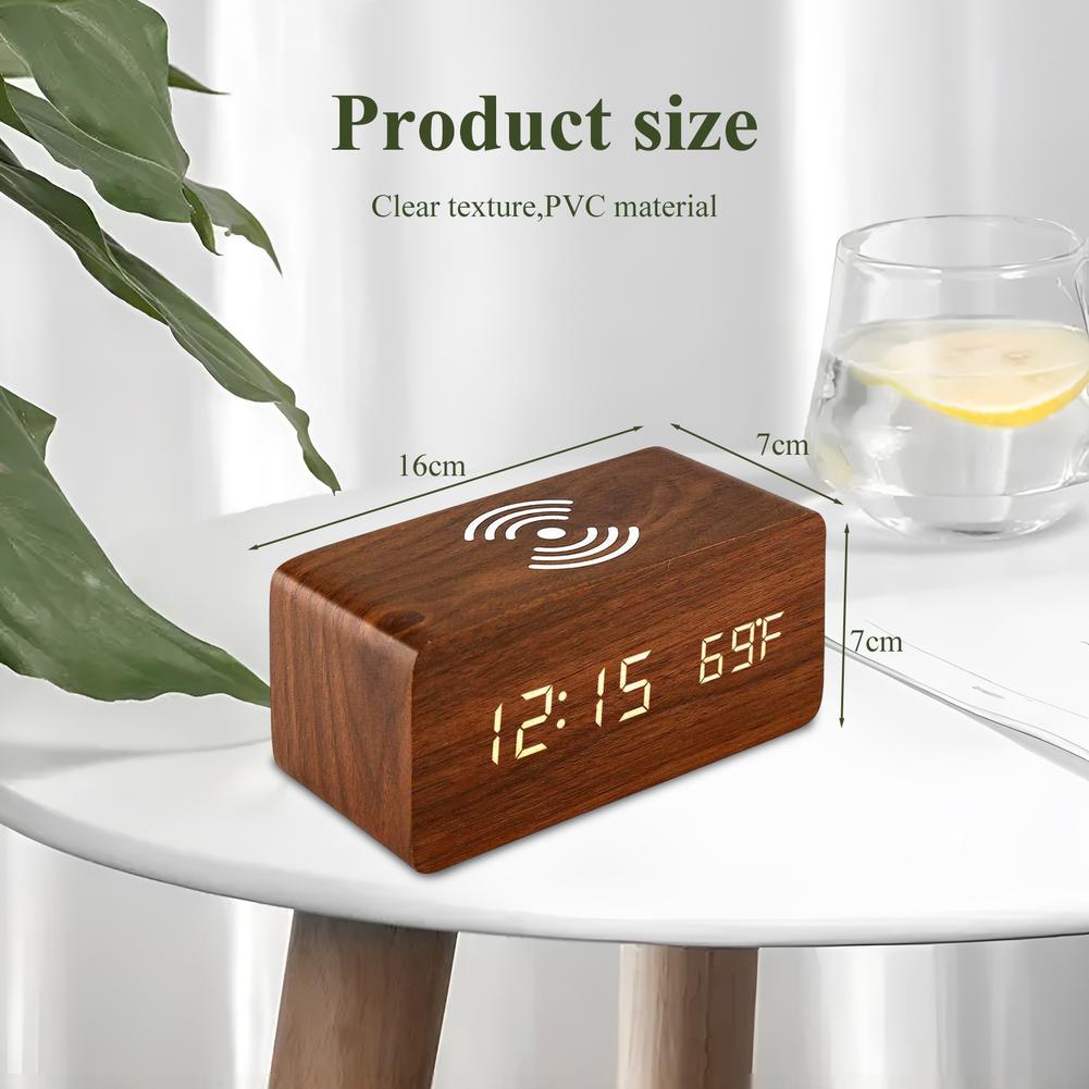 Réveil numérique de bureau en bois avec socle de charge sans fil Qi - تنزوت