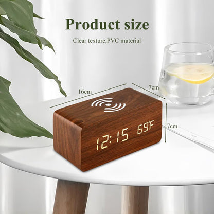 Réveil numérique de bureau en bois avec socle de charge sans fil Qi - تنزوت