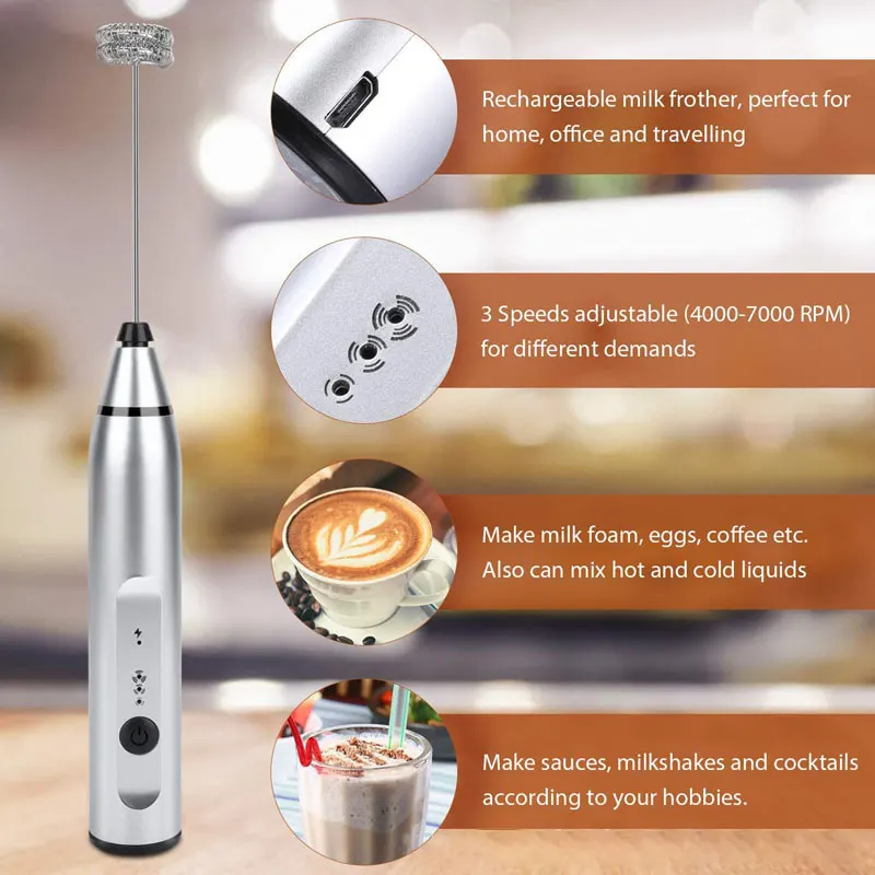 Mousseur à Lait, USB Rechargeable Portable mini fouet electrique 3 Vitesses avec Dual Fouet Tête Spirale تنزوت