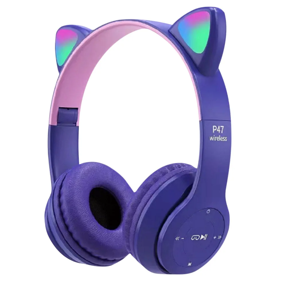Casque Bluetooth sans fil avec oreilles de chat LED clignotantes P47M - تنزوت