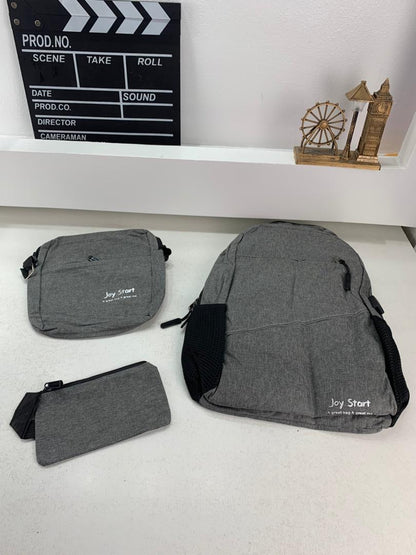 Sac à dos homme avec sac bandoulière et trousse 3en1 gris 2755-8 – محفظة ظهر رجالية 3 قطع رمادي تنزوت