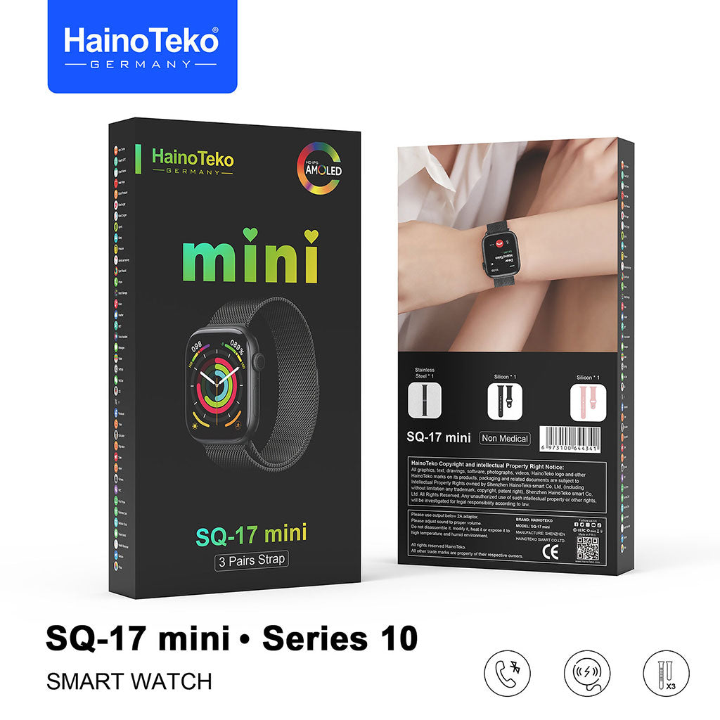 HainoTeko SQ-17 Mini Smart Watch Series 10 AMOLED avec 3 Bracelets – ساعة ذكية أصلية للنساء تنزوت