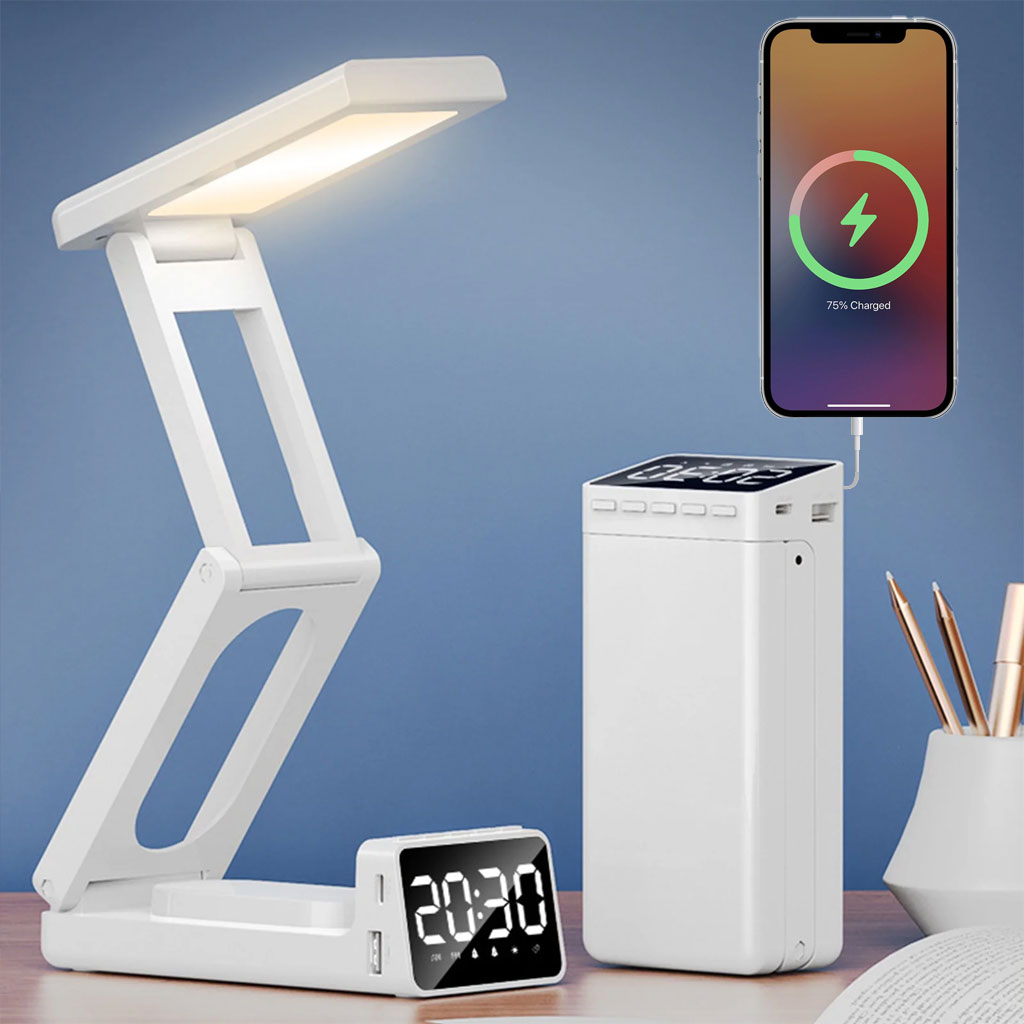 Lampe de bureau rechargeable sans fil avec réveil LED et power bank 10 000 mAh – مصباح مكتب ومصباح مع شاحن متنقل تنزوت