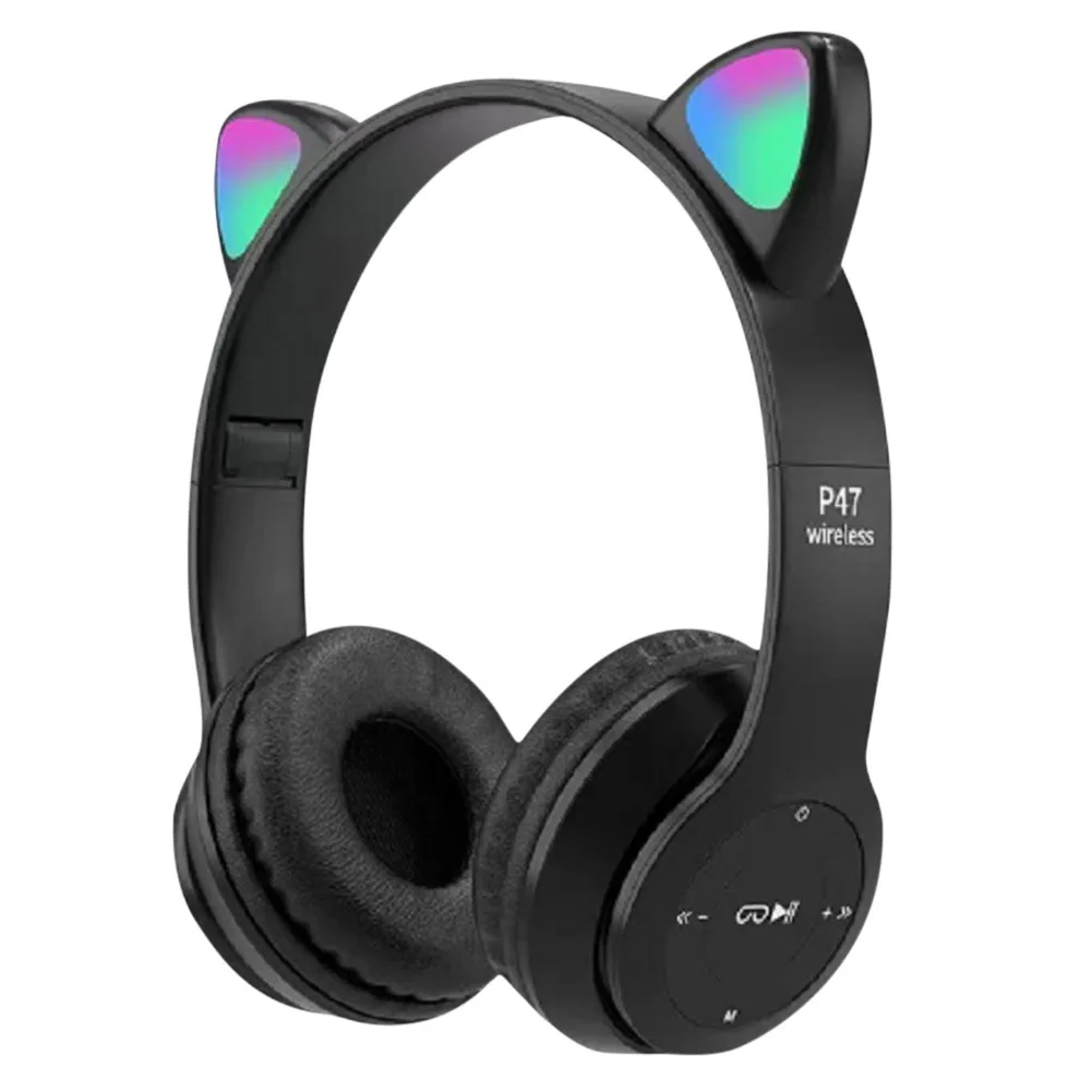 Casque Bluetooth sans fil avec oreilles de chat LED clignotantes P47M - تنزوت