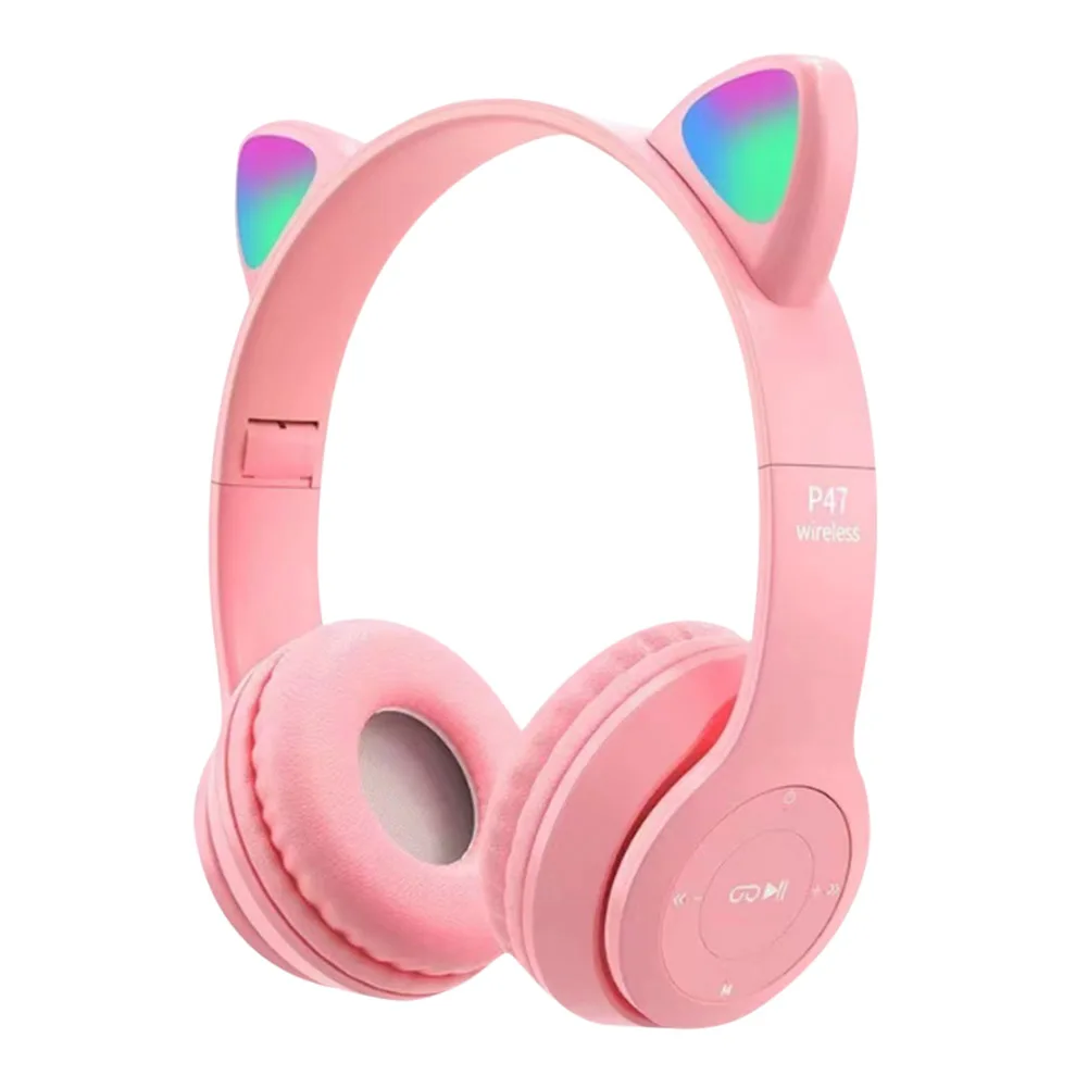 Casque Bluetooth sans fil avec oreilles de chat LED clignotantes P47M - تنزوت