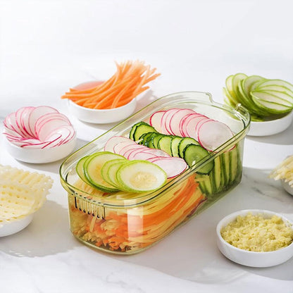 Mandoline à légumes professionnelle avec 5 lames et récipient – قطاعة خضر في المطبخ تنزوت