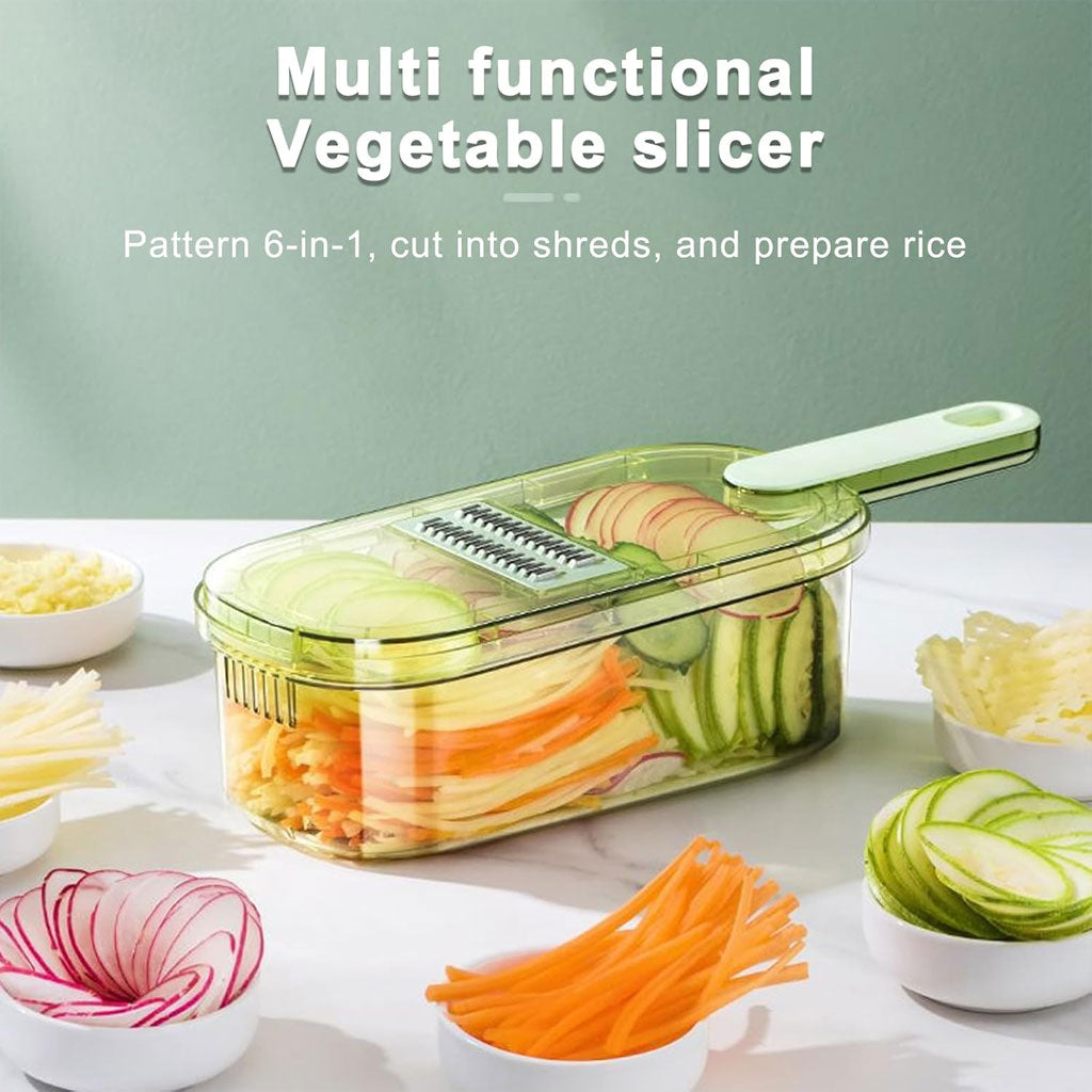 Mandoline à légumes professionnelle avec 5 lames et récipient – قطاعة خضر في المطبخ تنزوت