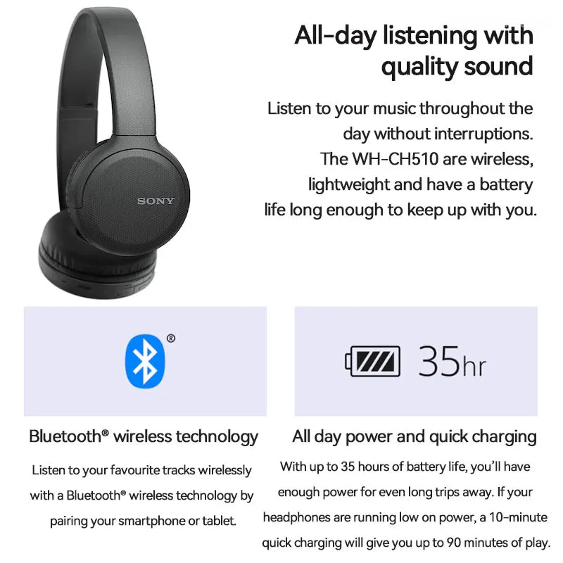 Sony Casque Bluetooth Original sans fil assistant vocal intégré, charge rapide, autonomie jusqu'à 35 heures WH-CH510 - تنزوت