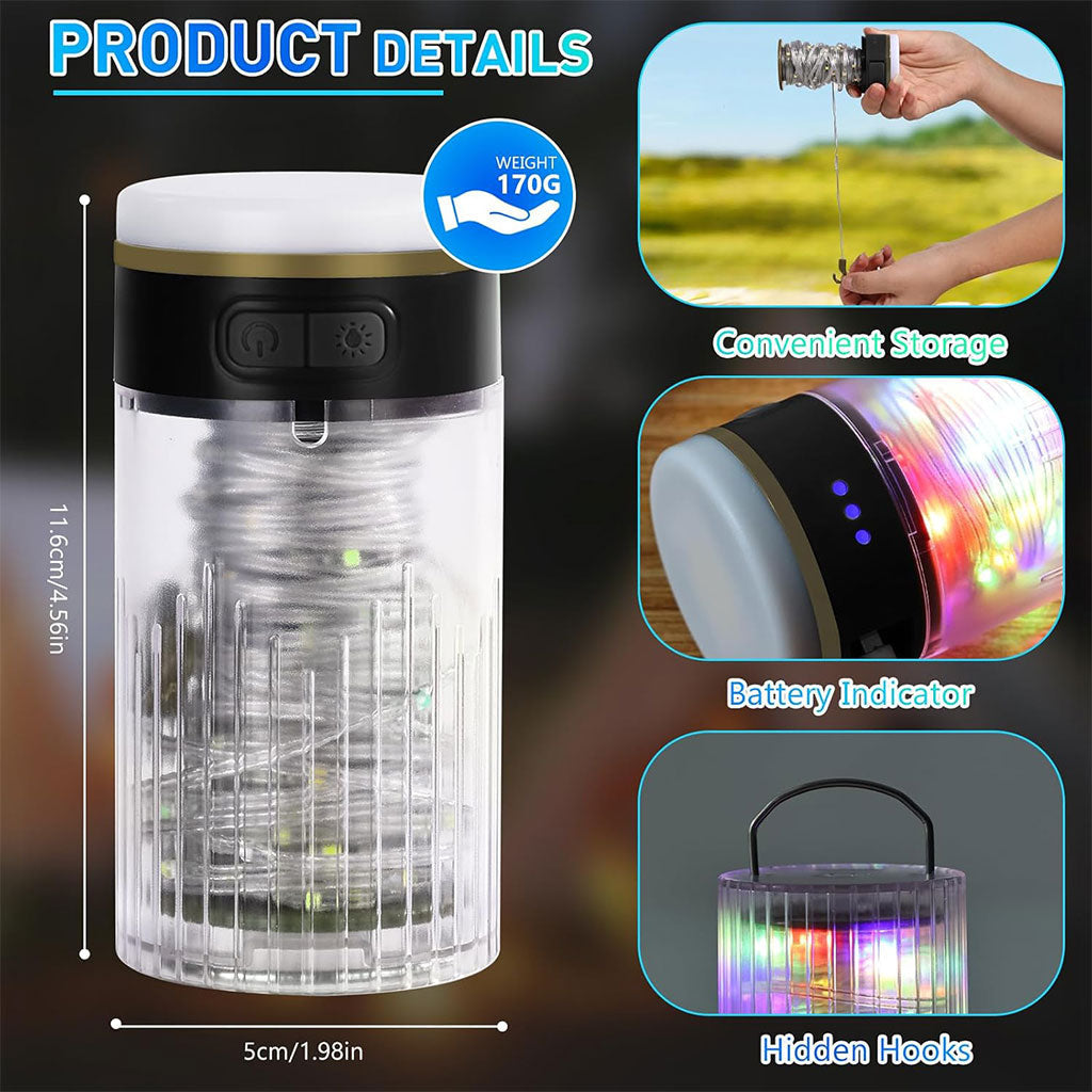 Lampe de Camping Enroulable avec Guirlande Lumineuse 10m – مصباح تخييم محمول وقابل للشحن تنزوت