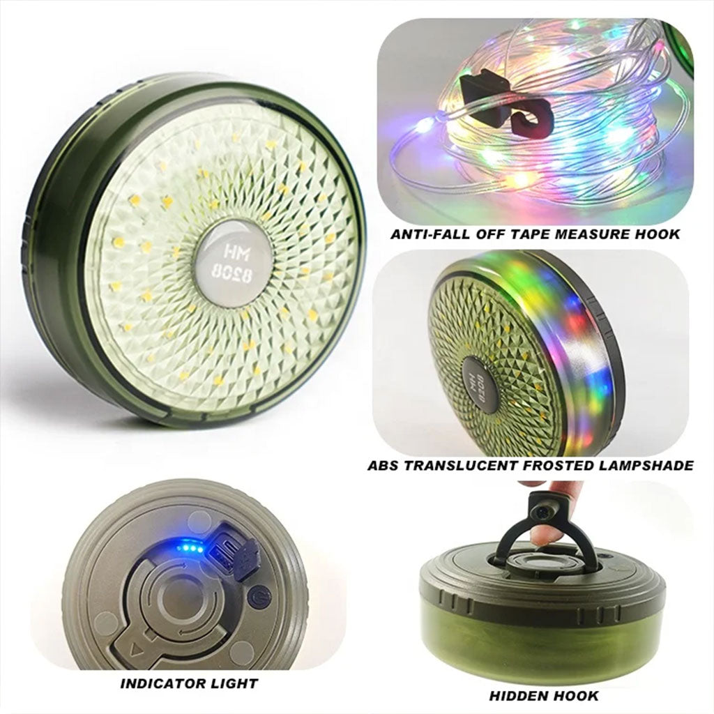 Lumière de camping LED multifonctionnelle, chargeur USB, chaîne d'atmosphère colorée تنزوت