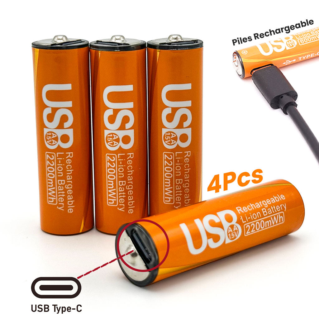 Pack de 4 Piles Rechargeables USB Type-C – AA 1.5V 2200 mAh – علبة من 4 بطاريات قابلة للشحن تنزوت