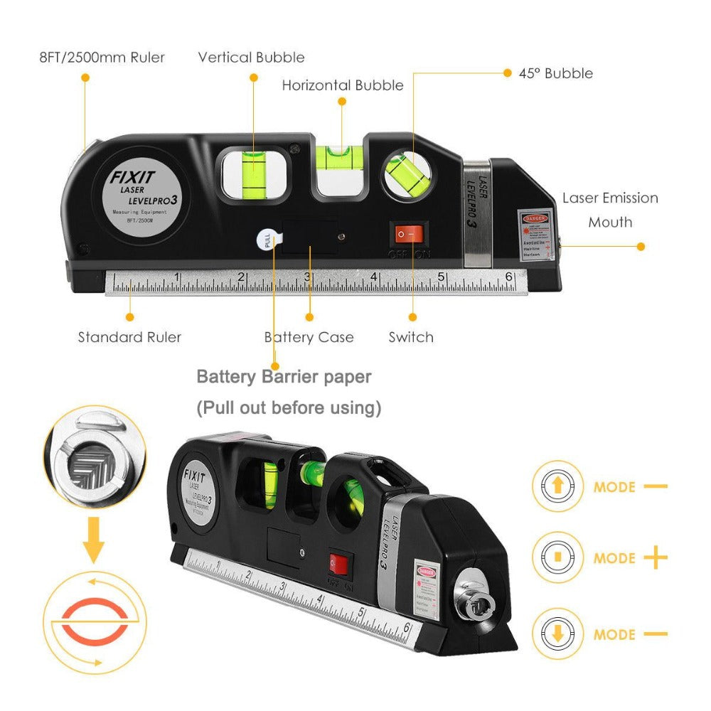 Niveau Laser 4en1 Fixit Level pro 3 Outil de musure Polyvalent Ruban De 8 Pieds تنزوت