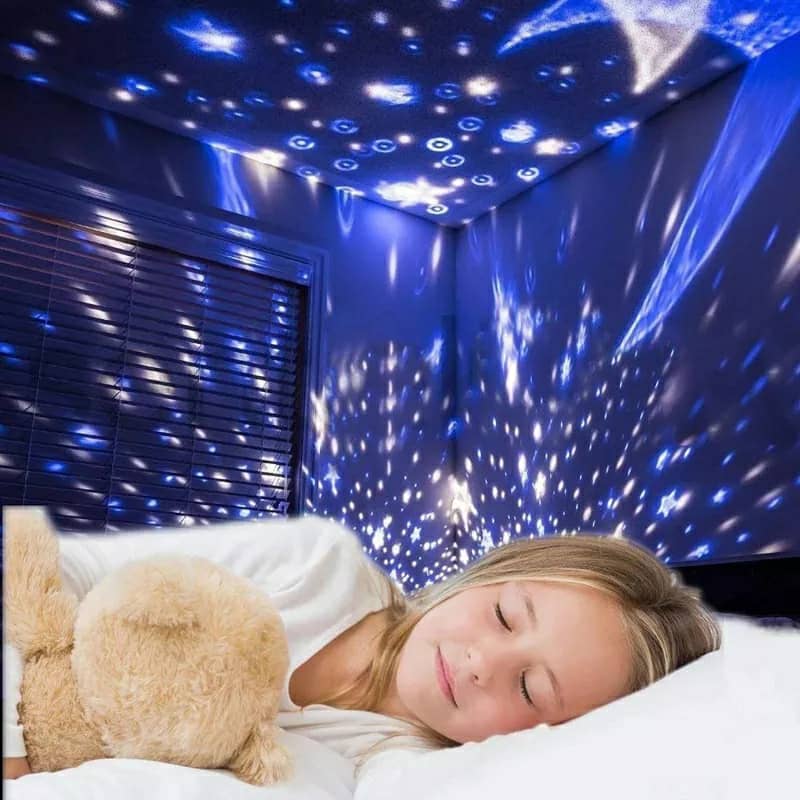 Projecteur LED rotatif produisant l’image d’un ciel étoilé, idéal pour la chambre d’un enfant - تنزوت