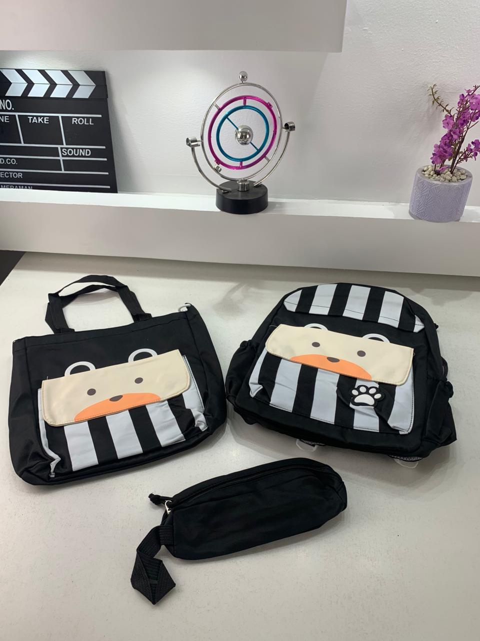 Ensemble de sacs d’école Kawai pour adolescents 3Pcs Ours Noir – محفظة 3 قطع كاواي أسود تنزوت