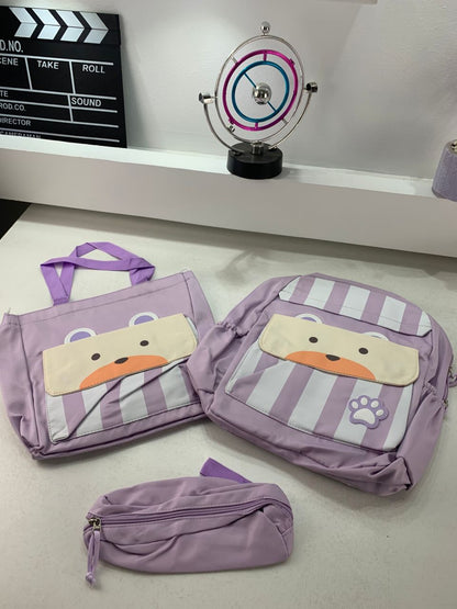 Ensemble de sacs d’école Kawai pour adolescents 3Pcs Ours Mauve – محفظة 3 قطع كاواي بنفسجي تنزوت