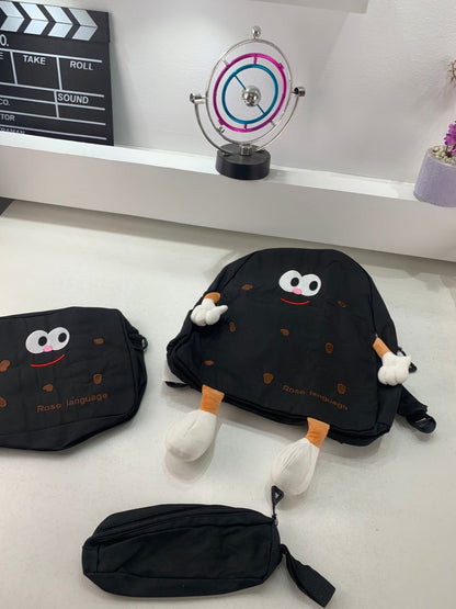 Ensemble de sacs d’école Kawai pour adolescents 3Pcs Language Noir – محفظة 3 قطع كاواي أسود تنزوت