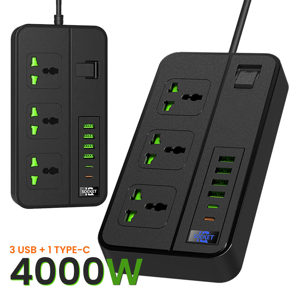 Triple prise de courant avec 3 ports USB, chargement rapide, avec un câble de 2 mètres - تنزوت