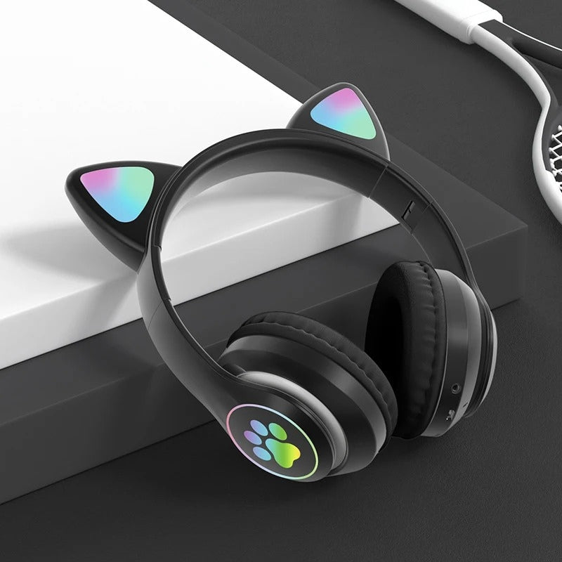 Casque stéréo Bluetooth sans fil oreilles de chat électroluminescents avec support carte TF - تنزوت